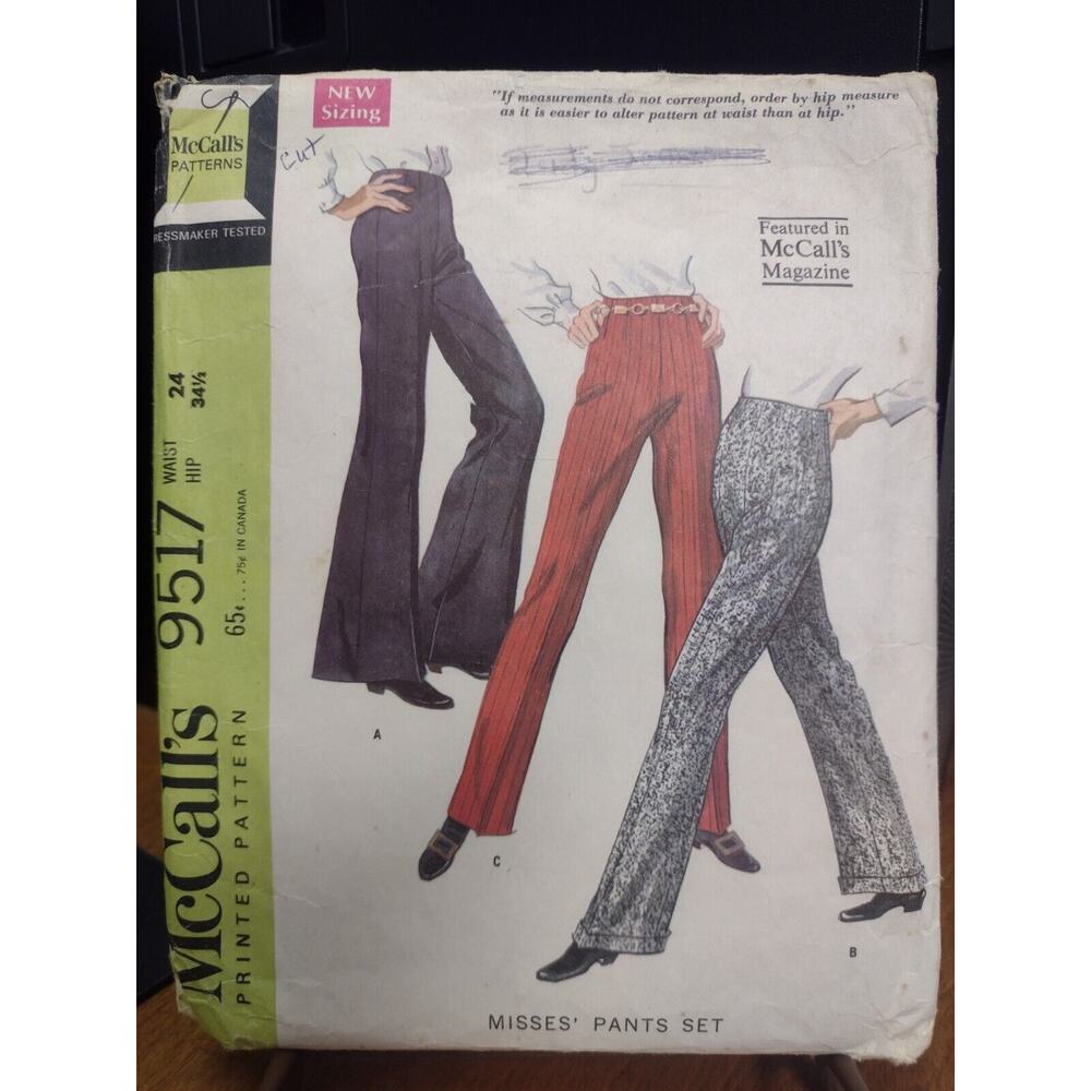 Vintage McCall's Pattern 9517 Misses' Pants‎ Set Waist 24, Hip 34 1/2 (1968)